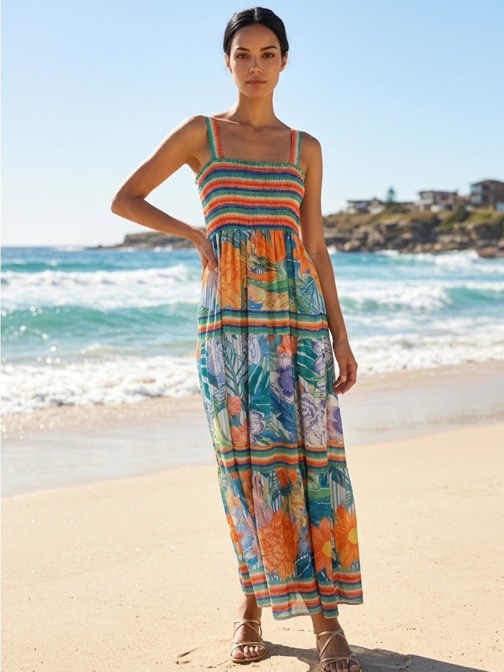 Striped Smocked Floral Maxi Dress in Multicolor